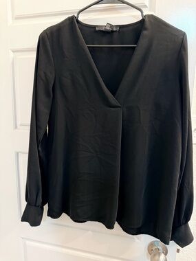 Forever 21 Black V-Neck Blouse with Cuffed Long Sleeves